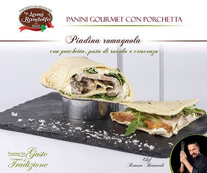 Romagnolische Piadina mit Porchetta, Rucola-Pesto und Crescenza. 