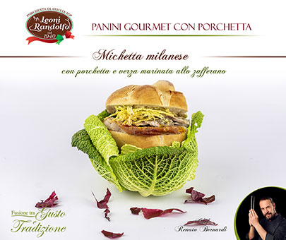 Mailänder Michetta mit Porchetta und in Safran mariniertem Kohl.