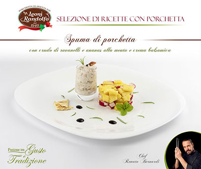 Porchetta-Schaum mit rohen Radieschen und Ananas mit Minze und Balsamico-Creme